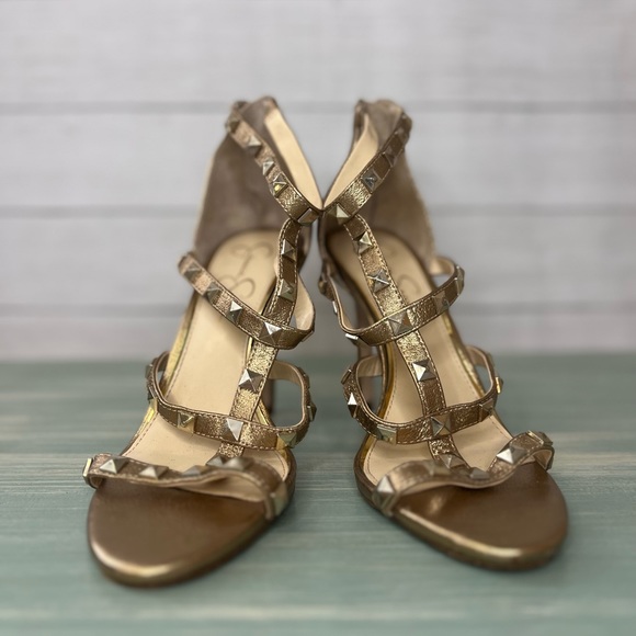 Jessica Simpson Jiria Faux Leather Metallic Gold Studded Zip Back Stiletto 9M 💗 - Picture 2 of 6